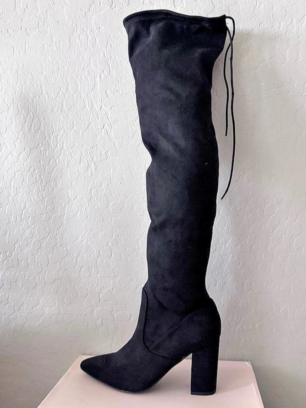 Brand New Suede Pointed Toe Block Heel Thigh High Boot with tie